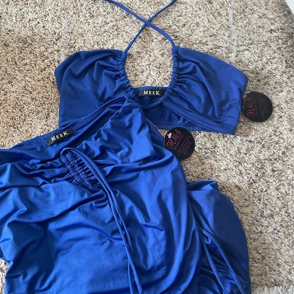 ROYAL BLUE HALTER DRAWSTRING MERMAID MAXI SKIRT TWO PIECE SET - Picture 4 of 4